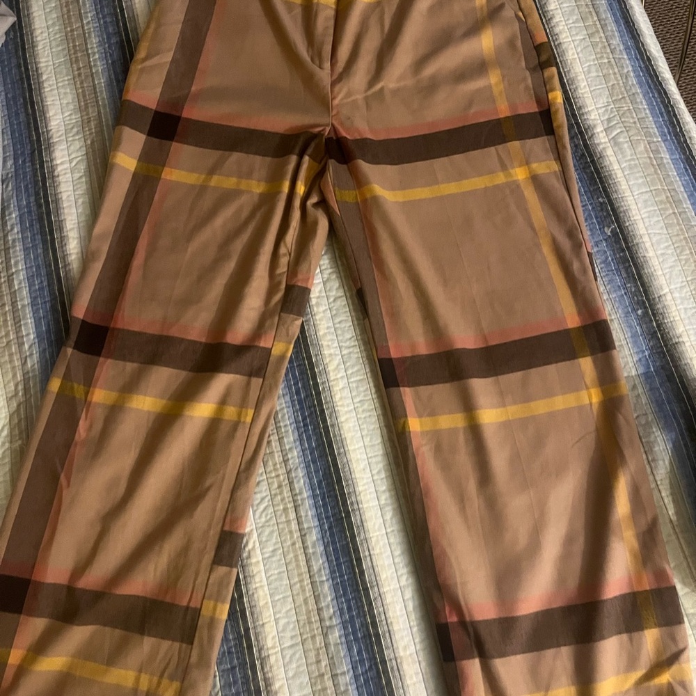 New York & Company Tan and Brown Plaid Trousers